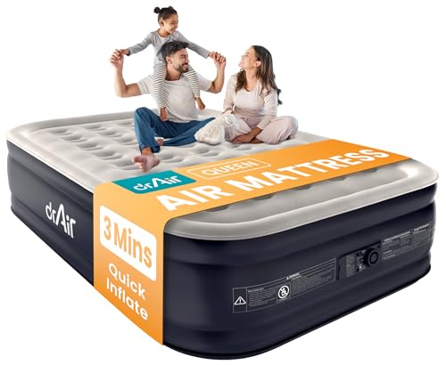 Dr. air Queen Air Mattress with Built-in Pump, 18” Raised Blow Up Mattress - 800 lbs Max Honeycomb Design, 3-Min Inflation, Waterproof Velvety Top, Ideal for Home, Guests & Camping, Colchon Inflable