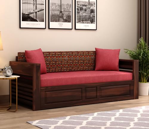 Image of Mamta Furniture Sheesham Wood 3 Seater Sofa Cum Bed | Living Room & Guest Room | Walnut Berry Diamond Finish | Queen Size Palang | Master Bedroom | DIY Assembly