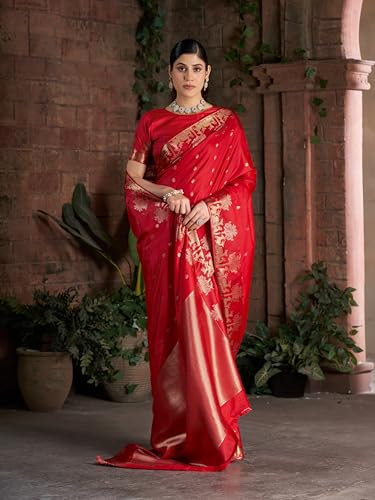 Image of MADHUHANSH Women's Cotton Silk Saree with Unstitched Blouse Piece Zari Weave and Floral Pattern | Heavy Embroidery Saree for Women | Interview Saree for Women | Readymade Blouse with Saree Set