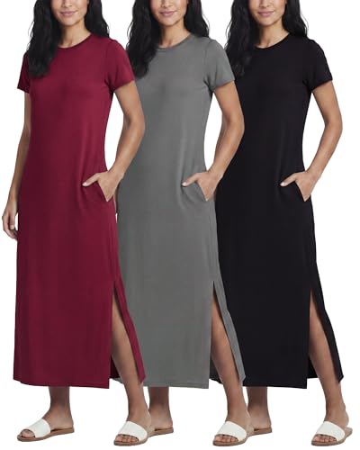 Image of Real Essentials 3 Pack Women's Casual Short Sleeve Maxi T-Shirt Dress with Slit (Available in Plus Size)