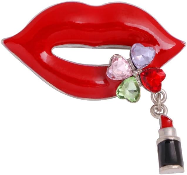 Dreuyet Sexy Red Lips Brooch Pin for Women Crystal Rhinestone Quiet Gestures Brooches Elegant Kiss Mouth Lapel Pins Clothes Dress Accessories Jewelry Lover Gift