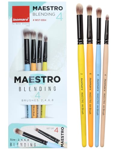 Image of Isomars Maestro Blending Brush Set of 4 - Professional Round Artist Brushes for Soft Blending, Shading and Transitions - Colorful Wooden Handles - Sizes 2, 4, 6, 8