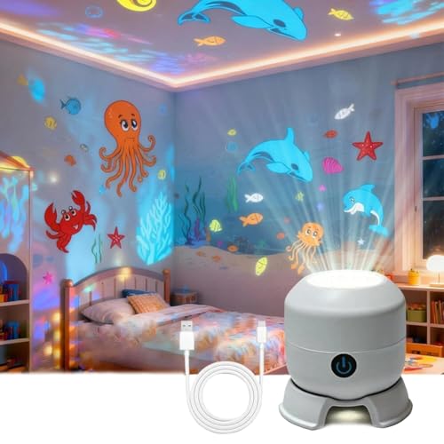 FiTspi Dynamiczna obrotowa lampa projektora LED, kolorowa obrotowa lampa projekcyjna, ocean, ładowana przez USB, lampka nocna do sypialni, kina domowego, na imprezę, dekoracja bożonarodzeniowa