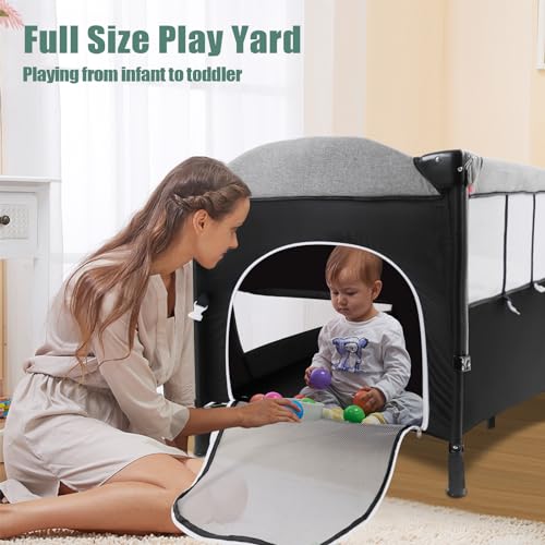 Image of MMBABY 5-in-1 Pack and Play Portable Crib for Baby,Multifunction Bedside Crib from Newborn to Toddlers,U-Shaped Diaper Changer,Playard,Safety Strap,Carry Bag (Black)