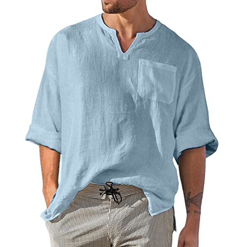 LAOSU Camisa de lino de algodón para hombre, camisa de moda barata, talla grande, entallada, monocolor, estilo casual, ligero, cómodo, top de verano, elegante, guapo, moderno, vintage, tops de manga