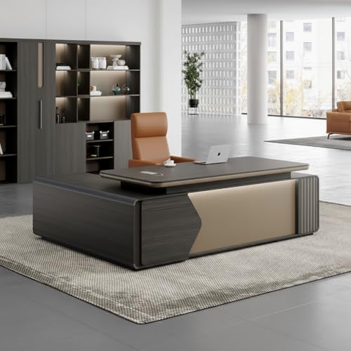 Image of Lakdi The Furniture Co Luxury Modern Executive L Shape Director Table with Side Storage Dark Wood Finish & Gold Accent Panel - LDL-773