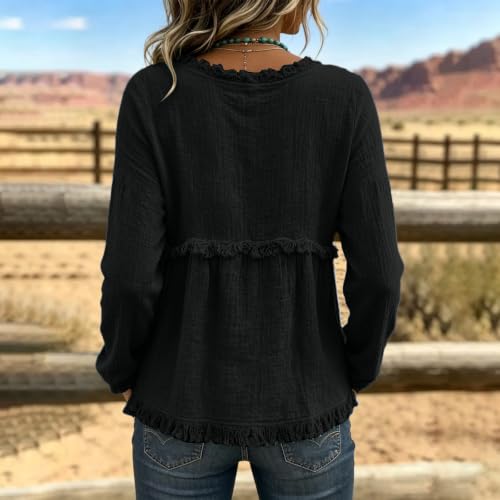 Boho Tops for Women V Neck Button Frayed Hem Shirts Ruffle Trim Pullover - image 3