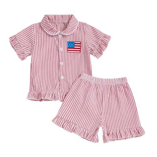 Toddler Baby Boy Girl 4th of July Pajamas American Flag Embroidery Striped T-Shirt Shorts Kids Nightgown Summer PJs