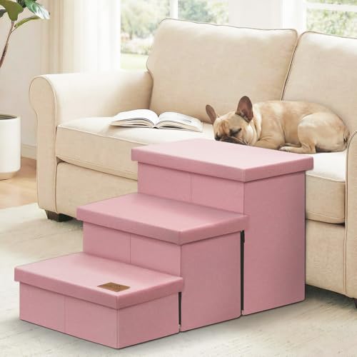 Image of Zerbuger Dog Stairs with Storage, Pink 3 Steps Dog Ramp no Condo for Bed | 18 inch H Small Dog Steps for High Beds Couch, Folding Storage Pet Stairs Gift for Climbing Small /Medium /Large Old Dogs Cats