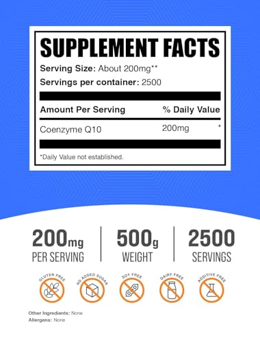 Image of BulkSupplements.com Coenzyme Q10 Powder - Coenzyme Q10 200mg Supplement, Nutritional Supplement - Gluten Free, 200mg per Serving, 500g (1.1 lbs) (Pack of 1)