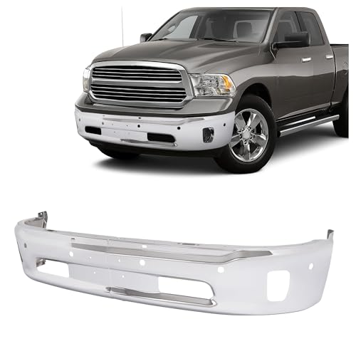 HECASA Front Bumper Face Bar 2PCS Compatible with Dodge 2013-2018 Ram 1500 2019-2024 Ram 1500 Classic W/Sensor Fog Light Holes CH1002402 68160857AA Replacement Only Steel Chrome Silvery