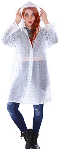 Transparent Emergency Hooded Knee-Length Rain Coat with Pockets, Blue/Red Dots, (Adult Size)
