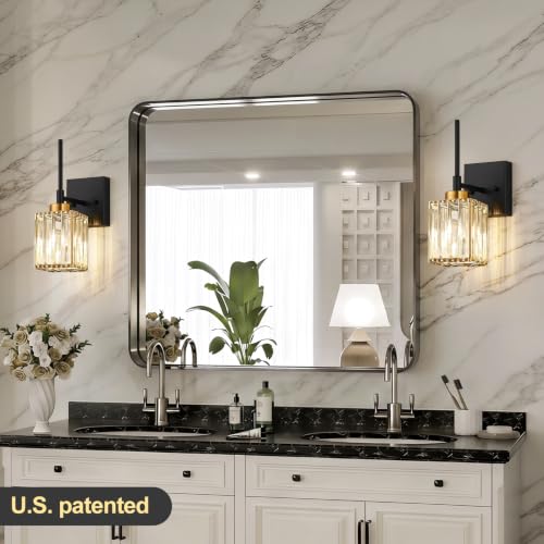 Image of [Hardwired] Bathroom Wall Sconces Set of Two Bathroom Light Fixtures | Hardwired, Premium Crystal, Black and Gold Superior Durable Metal, Wall Lights for Living Room Bathroom Hallway Bedroom