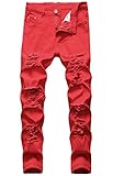 Men's Ripped Skinny Stretch Distressed Destroyed Slim Jeans Denim Pants Red 32