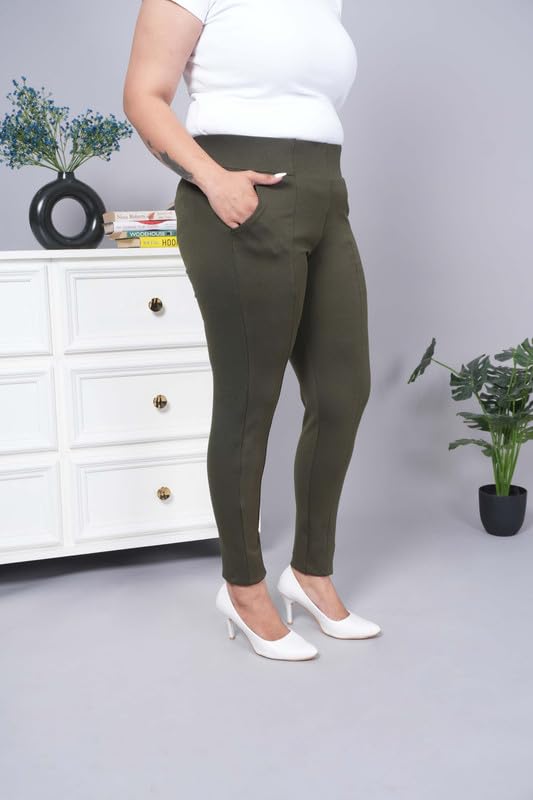 Image of Mlada Women's Solid Cotton Lycra High Waist Ankle Length Tummy Tucker Jeggings Trouser with 2 Side Pockets | Office Wear Summer Pants | Regular Fit, Stretchable, Comfortable & Stylish Everyday Bottoms