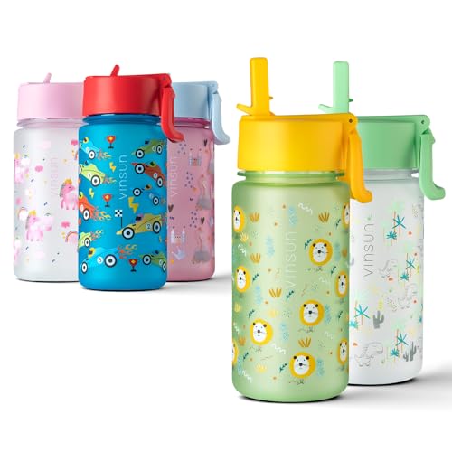 VINSUN Trinkflasche Kinder 500ml – Strohhalm Deckel, auslaufsicher, BPA frei, Kohlensäure geeignet, Tritan – grüne Wasserflasche mit Löwen für Kindergarten, Schule