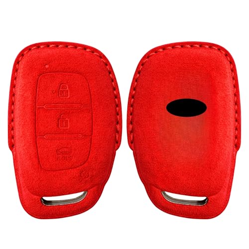 Image of KMH Alcantara Car Key Cover Compatible Hyundai Grand i10 NIOS Asta | Venue | i20 | Aura | Creta | Elantra 3 Button Shell Case Holder Full Key Protector Smart Keycover (D1) Red - Pack of 1