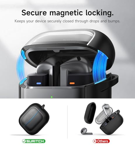 Image of SURITCH for Samsung Galaxy Buds 3 Pro (2024) / Buds 3 (2024) / Buds3 FE (2025) Case, Magnetic Bumper Cases, Rugged Shockproof Protective Covers with Carabiner & Cleaning Kit & Removal Tool, Black