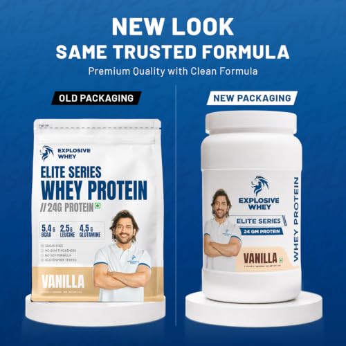 Image of Explosive Whey Elite Series Whey Protein - Trusted by M.S. Dhoni | 24g Protein per Scoop | Premium Concentrate Sport Supplement for Enhanced Muscle Growth and Recovery | Vanilla - 1kg (30 Servings)
