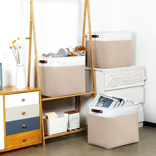 Image of DULLEMELO Large Storage Baskets for Organizing, Canvas Storage Bins Big Baskets With Handles for Shelf Clothes Empty Gift Basket (White&Khaki)