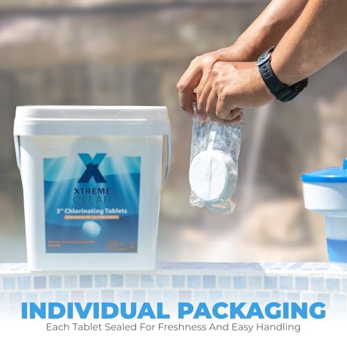 Image of Xtremeclear 3 inch Chlorine Tablets Bucket, 3-inch Individually Wrapped, 25 lbs Chlorinating Tabs for Swimming Pools, Hot Tubs, Spa Slow Dissolving 25 Pound Bucket