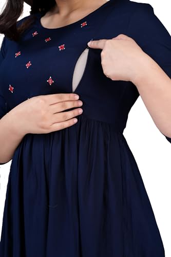 Image of Lyssa Women's Solid Rayon Embroidery Maternity with Concealed Feeding Zip | Nursing Kurta for Mothers