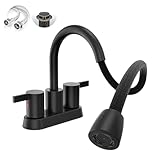 Phiestina 4 Inch Centerset Black Bathroom Sink Faucet with Pull-Out Sprayer,Swivel Spout - Complete Set,Metal Pop-Up Drain, Water Supply Lines, Utility Laundry Faucet for 3-Hole Sinks，BF04011-K01-MB