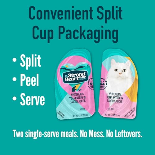 Image of A Strong Heart Split Cup Wet Cat Food, Whitefish & Tuna Entree - 2.6 oz Split Cups, 20 Servings (Pack of 10), Made in The USA with Real Whitefish & Tuna