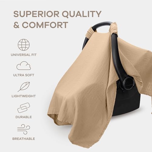 Image of Comfy Cubs Baby Car Seat Cover - Soft, Breathable Bamboo Rayon and Muslin Cotton Blend - Lightweight Canopy for Sun, Bug, and Comfort Protection - Large Size Infant Seat Cover in Cedar Design