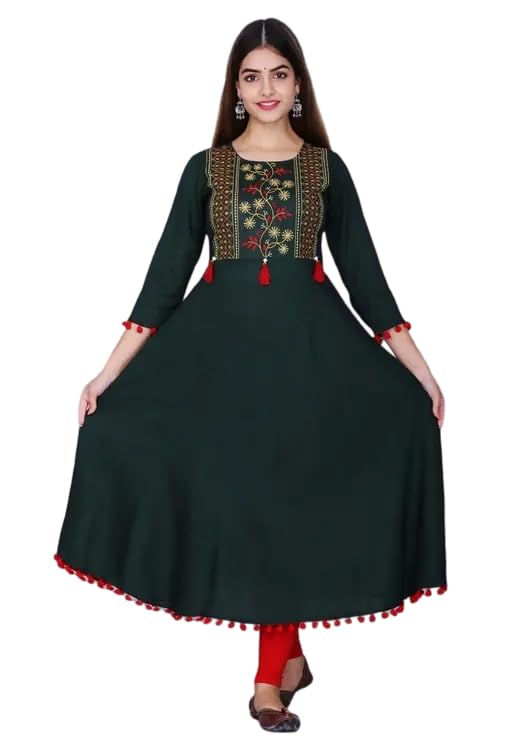Raj Fashion Women's 3/4th Sleeves Round Neck Rayon Solid Tassel & Pompom Detailing Hem Maxi Length Gown Dark Green-picture-34
