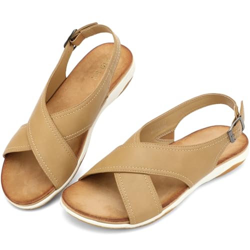 UBFEN Womens Flat Sandals Arch Support Open Toe Adjustable Slingback Cross Strap Dressy Casual Comfortable Summer Shoes2