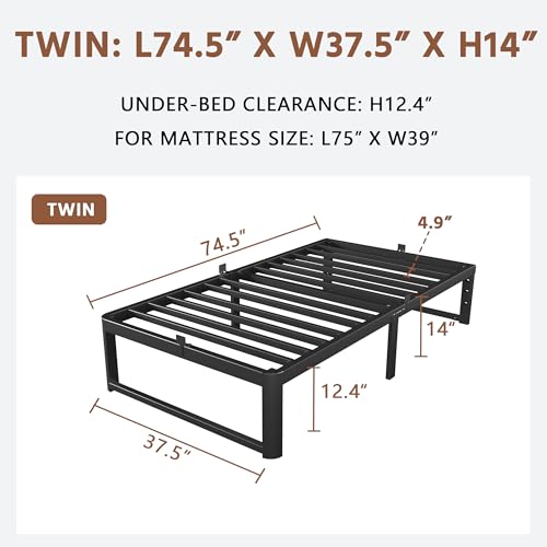 Image of ZTH Twin Size Metal Platform Bed Frame 14 in, No Box Spring Needed, Black | Heavy duty support, Underbed storage, Noise-free design, Anti-slip clips, Rounded legs, Easy assembly, Headboard compatible