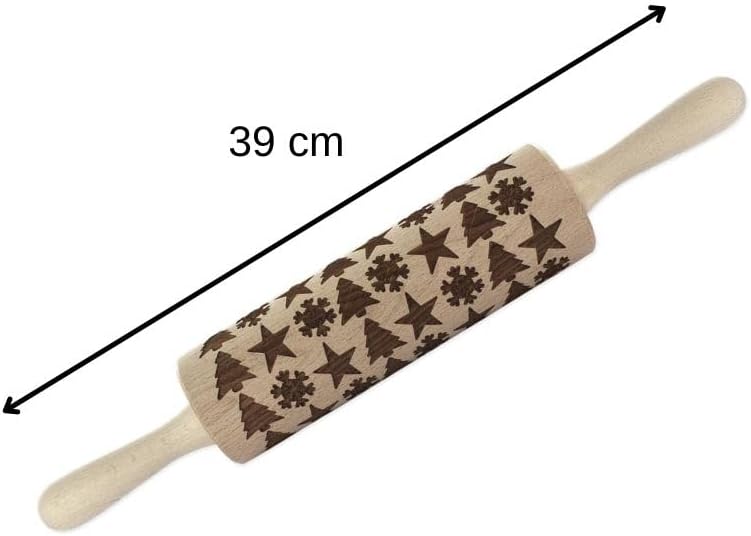 Fackelmann 3154450 Wooden rolling pin with imprints, Patterned rolling pin, Fir, Star, Snowflake, Wood, 39x6 cm