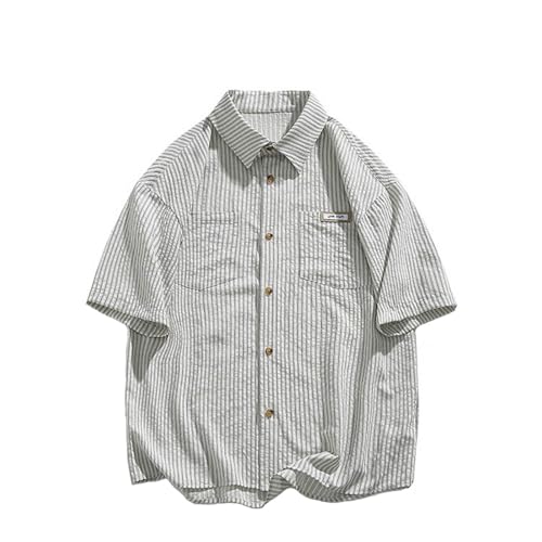 Camisa de rayas para hombre vertical a rayas con cuello alto con doble bolsillo, cómoda, transpirable, talla grande, camisa de verano suave y ligera, de manga corta, corte holgado, sin planchado
