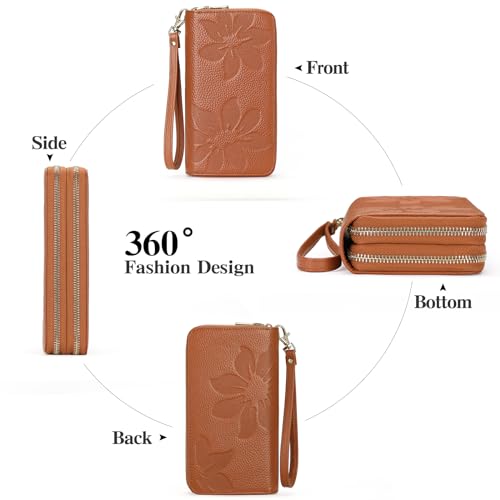 GOIACII Women's Wallet Large Capacity Double Zip Ladies Card Phone Holder RFID Blocking Wristlet Leather