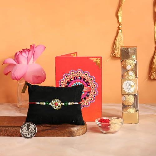 Image of Frostick Designer Rakhi With Chocolate Gift For Bhaiya /Bhai /Brother With Greeting Card, Tilak Chawal And Silver coin (Ferero Rocher, Pack of 1) (Random Design Rakhi),200 G