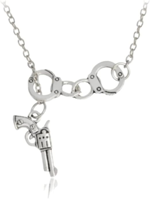 Gun Pistol Handcuffs Lovers Couples Pendant Necklace Silver