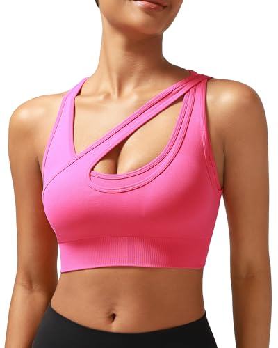 Image of RUNNING GIRL Sports Bras for Women,Seamless Ribbed Sports Bra High Support Workout Racerback Orange Bra Padded Push up(WX3038Hot Pink,S)