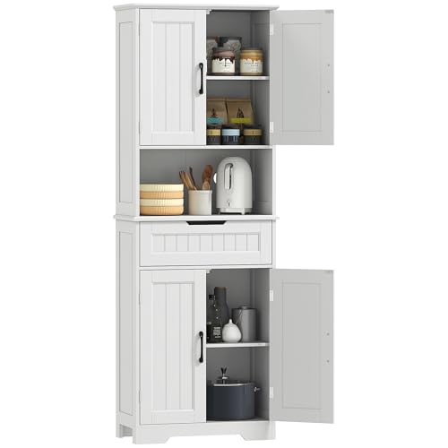 HOMCOM Credenza Cucina Alta, Mobile Dispensa con Foro Passacavi e Piano Portamicroonde, Mobile Cucina con 2 Armadietti, Cassetto, Ripiani Regolabili, per Sala da Pranzo, Soggiorno, 60x30x172cm, Bianco