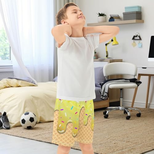 Boys Casual Shorts Athletic Gym Shorts with Elastic Waist Pocket Ice Cream Summer Sports Active Kids Clothes 7-15Y2