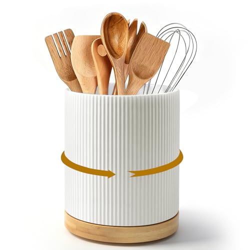 wishfly Soporte para Utensilios de Cocina: Soporte Giratorio de 360° para Utensilios de Cocina de Madera-Fácil de limpiar, Soporte para Cucharas de Cocina para Cocineros Aficionados-Almacenamient