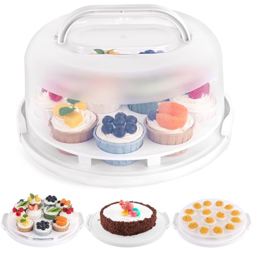 HANSGO Round Cake Carrier, White Cake Container with Lid and Handles 3-in-1 Multipurpose Cake Keeper Holder Platter for Cupcake Devil Eggs Cake Dishwasher Safe