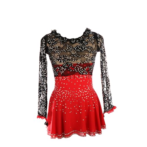 Vestido de patinação artística, flores de renda brilhantes strass competição de patinação artística