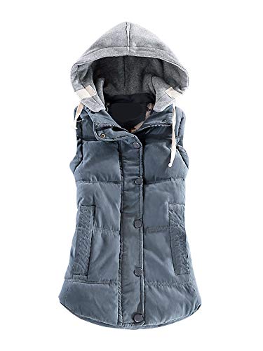 Gooket Women's Casual Winter Outerwear Waistcoat Quilted Padded Puffer Vest with Removable Hood Smoke Blue Tag M-US XXS