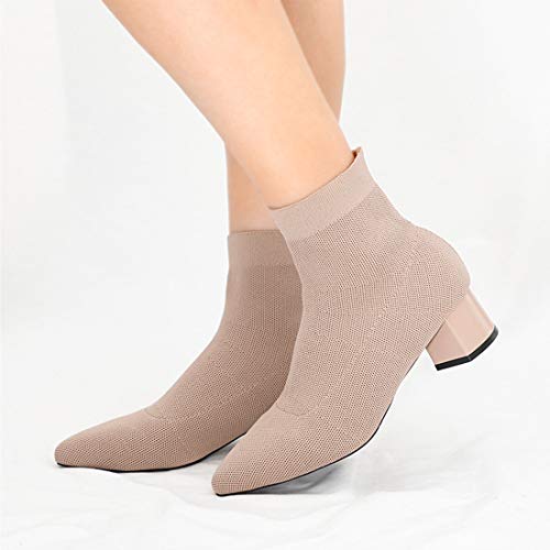 Chegong Women's Black Knit Chunky Heel Sock Boots Pointed Toe Soft Mid-Calf Booties #TOP4