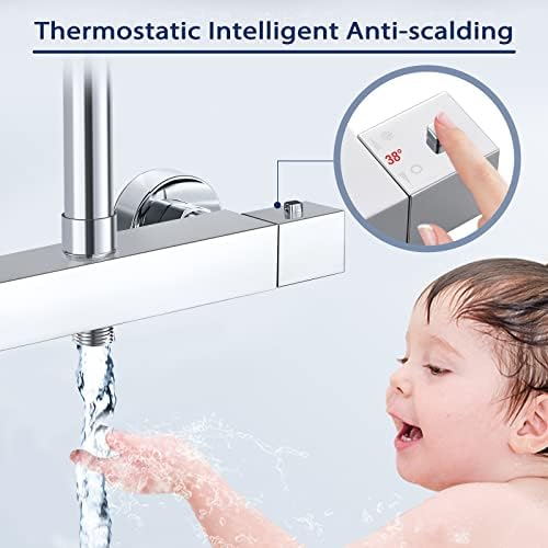 Solepearl Square Thermostatic Shower Mixer Bar Two Outlet, Chrome Brass Twin Outlet Bar Shower Valve, Shower Mixer Bar Dual Outlet with TOP 3/4" BSP (26.4mm) + Bottom 1/2" BSP (21mm)