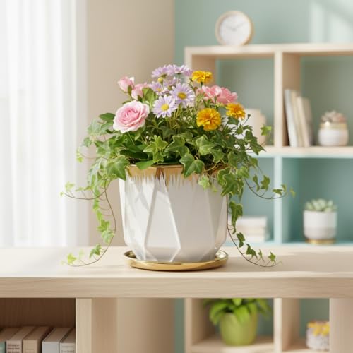 Image of Xtore Refined Faceted Ceramic Planter with Metallic Rim & Drain Tray | Contemporary Decorative Pot for Living Room, Desk & Balcony Styling (Pack of 1, Planter only)