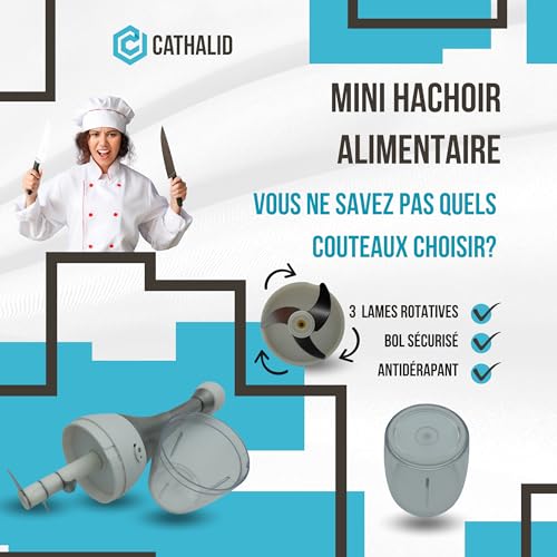 Mini hachoir manuel | Coupe oignons CATHALID, ail, légumes et condiments ultra-pratique, cuisine rapide et sans effort, appareil portable avec 3 lames rotatives et bol antidérapant. – Image 5