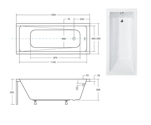 VBChome Acryl Badewanne 130x70 cm Weiß Rechteck Wanne Siphon Wannenfüße Design Modern Ablaufgarnitur in Chrom