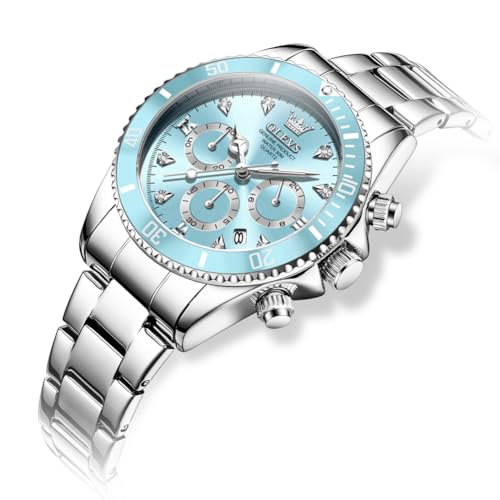 Image of OLEVS Women Dress Watch, Two Tone Diamond Quartz Wrist Watch, Stainless Steel Waterproof Luminous Day Date Ladies Chronograph Gift Watch